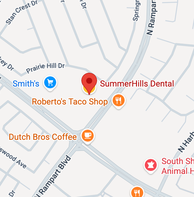 Map showing SummerHills Dental marked by a red pin, with nearby Roberto's Taco Shop, Dutch Bros Coffee, and Smith's in the area along Rampart Blvd and Prairie Hill Dr.