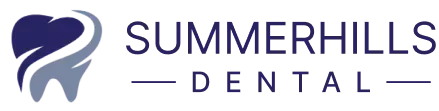 Summerhills Dental logo with a blue tooth and heart icon beside the navy text.